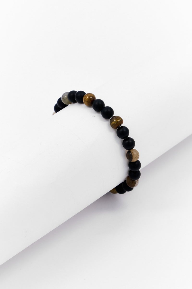 Steeltime Men Tiger Eye And Black Lava Beaded Stretch Bracelet, Black - Image 2